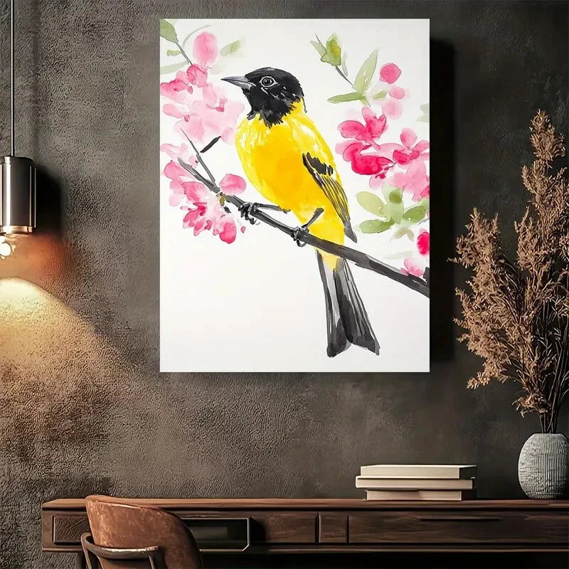 Beautiful Spring Bird Blossom Watercolor Painting 40x60cm Metal Print Ready to Hang
