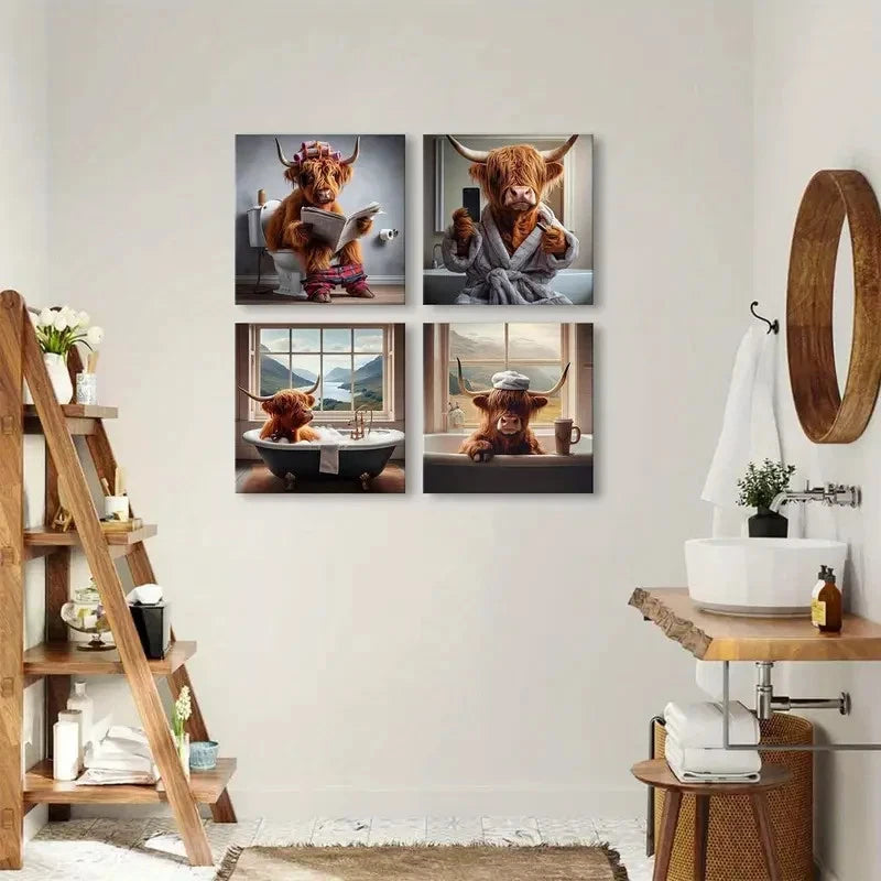 4pcs Rustic Highland Cow Wall Art Canvas Framed