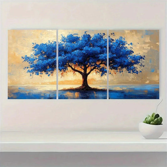 3pcs Lakeside blue tree Modern Abstract Painting Wall Art Set Canvas Framed 40x60cm - High Quality Print 100% Australian Made Wall Canvas Ready to Hang