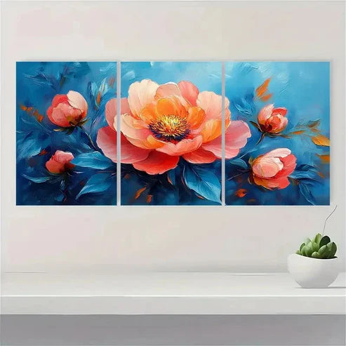 3pcs Pink Peonies Blue Greenery BG Wall Art Set Canvas Unframed - High Quality Print 100% Australian Made Wall Canvas