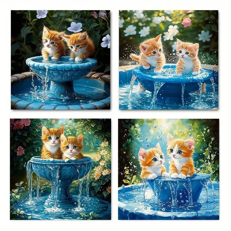 4pcs Adorable Kitten Fountain Wall Art Canvas Framed