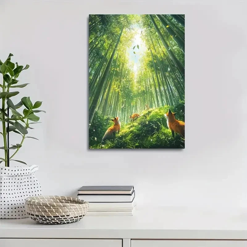 Serene Foxes in Bamboo Grove with Sunlight 40x60cm Metal Print Ready to Hang