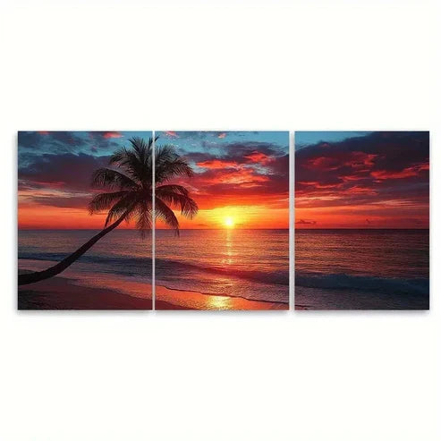 3pcs Sunset Seascape Palm Tree Paradise Wall Art Set Canvas Unframed - High Quality Print 100% Australian Made Wall Canvas