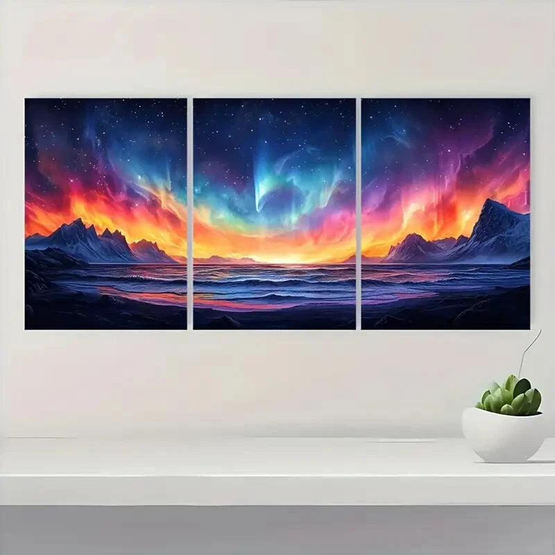 3pcs Vibrant Aurora Borealis Mountain & Ocean Metal Print Ready to Hang Art