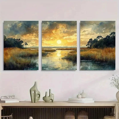 3pcs Lowcountry Marsh Landscape Perfect Wall Art Set Canvas Framed 40x60cm - High Quality Print 100% Australian Made Wall Canvas Ready to Hang