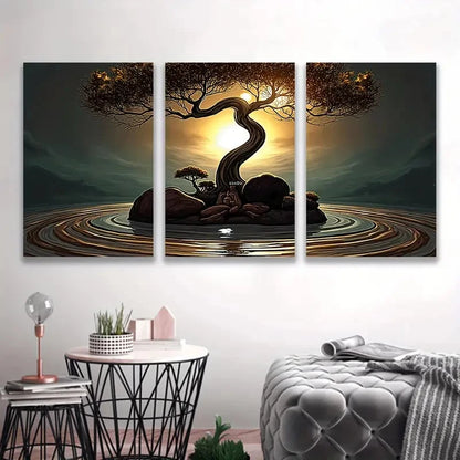 3pcs Bonsai Tree Sunset Vertical Nature Scenes Wall Art Set Canvas Framed 50x70cm - High Quality Print 100% Australian Made Wall Canvas Ready to Hang