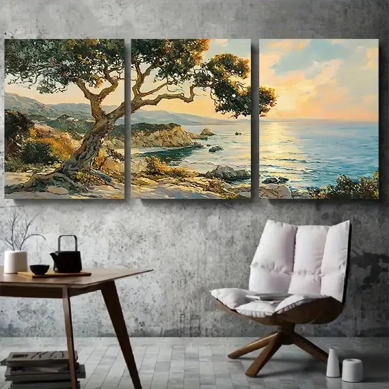 3pcs Seaside View with Tree and Ocean Metal Print Ready to Hang Art