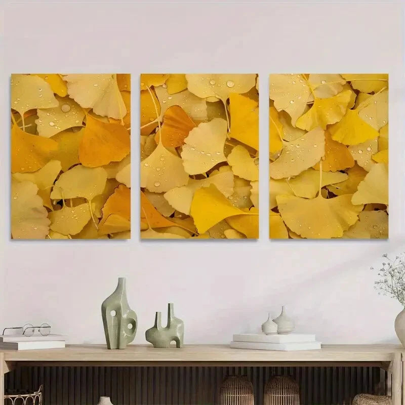 3pcs Golden Ginkgo Leaves Metal Print Ready to Hang Art