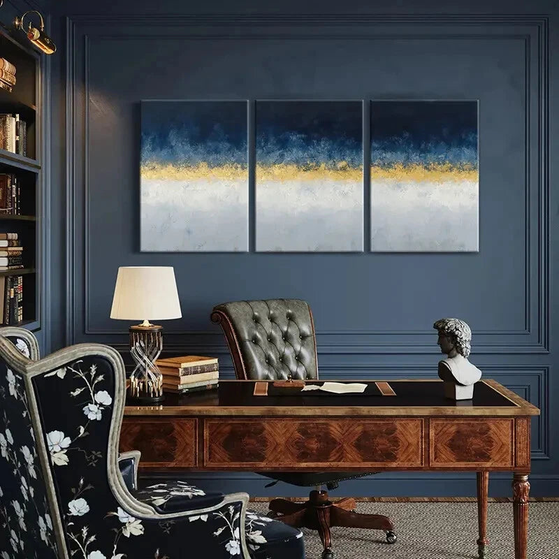 3pcs Blue Golden White Palette Textured Painting Metal Print Ready to Hang Art