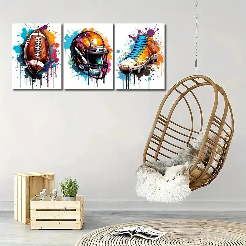 3pcs Vibrant Football Colorful Helmet and Jersey Metal Print Ready to Hang Art