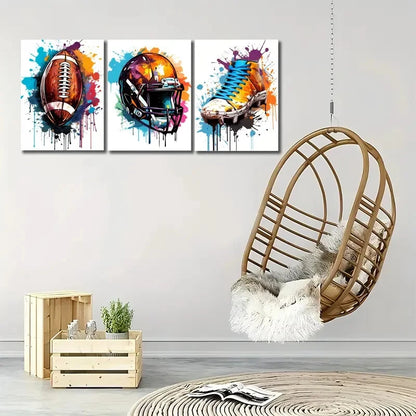 3pcs Vibrant Football Colorful Helmet and Jersey Metal Print Ready to Hang Art