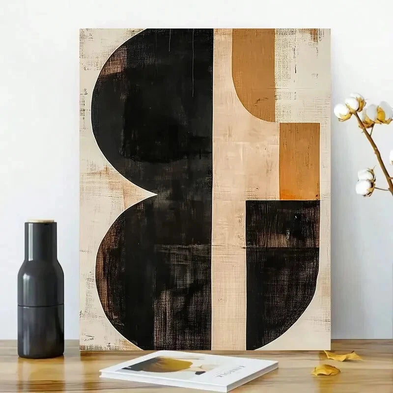 Beige & Black Geometric Shapes Elegant Century Modern 40x60cm Metal Print Ready to Hang