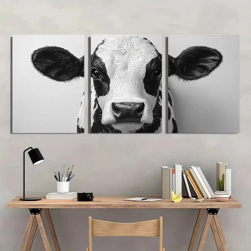 3pcs Black and White Cow Animal Themed Metal Print Ready to Hang Art