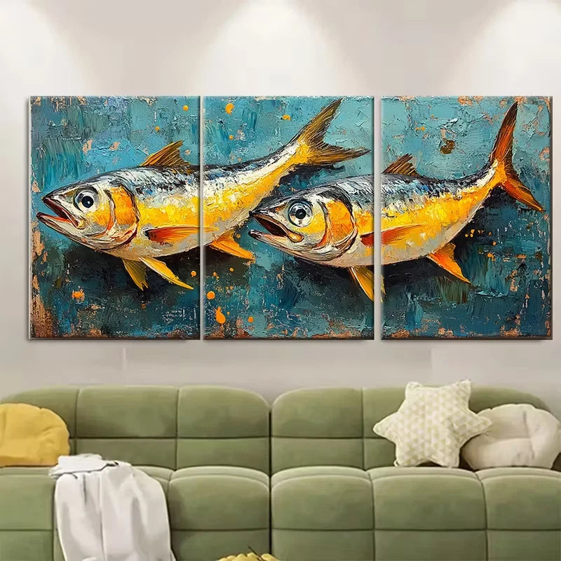 3pcs Sardine Fish Oil Painting Kitchen Metal Print Ready to Hang Art