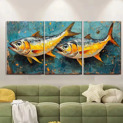 3pcs Sardine Fish Oil Painting Kitchen Metal Print Ready to Hang Art