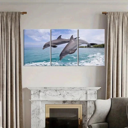 3pcs Dolphins Jumping Out Of The Sea Wall Art Set Canvas Framed 40x60cm - High Quality Print 100% Australian Made Wall Canvas Ready to Hang