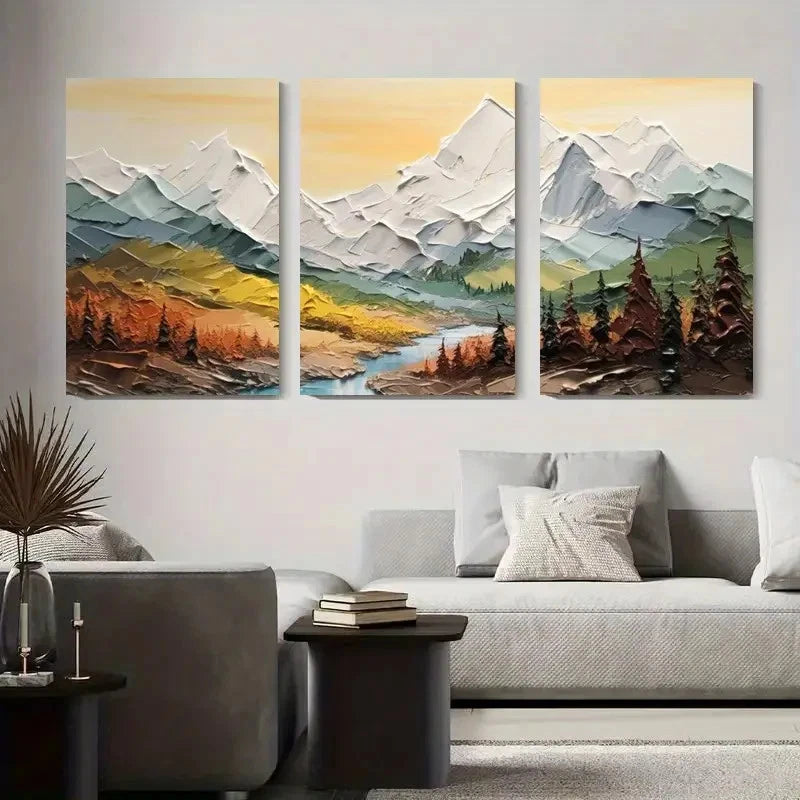 3pcs  Scenic Mountain River & Forest Oil Painting Metal Print Ready to Hang Art