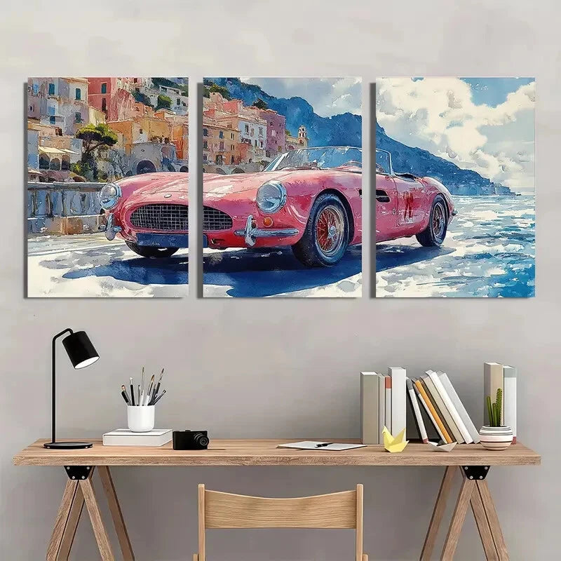 3pcs Retro Pink Italian Car on Coastal Road Wall Art Set Canvas Framed 40x60cm - High Quality Print 100% Australian Made Wall Canvas Ready to Hang