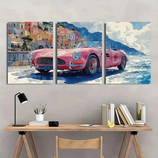 3pcs Retro Pink Italian Car on Coastal Road Wall Art Set Canvas Framed 40x60cm - High Quality Print 100% Australian Made Wall Canvas Ready to Hang