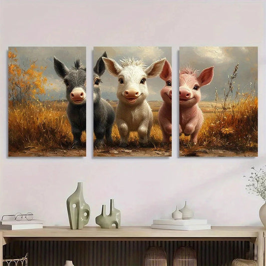 3pcs Farmhouse Animal Cow Donkey Pig Metal Print Ready to Hang Art