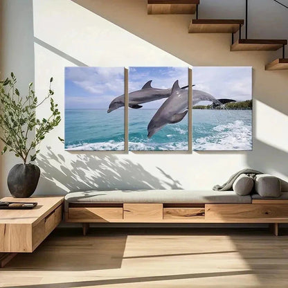 3pcs Dolphins Jumping Out Of The Sea Wall Art Set Canvas Framed 40x60cm - High Quality Print 100% Australian Made Wall Canvas Ready to Hang