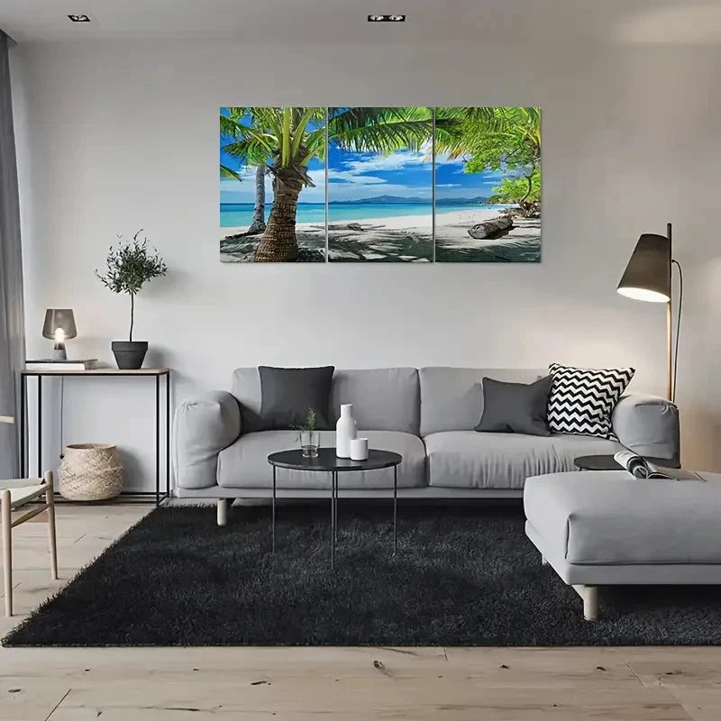 3pcs Tropical Palm Trees & Blue Sea Metal Print Ready to Hang Art