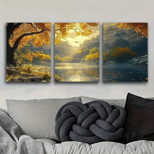 3pcs Autumn Lake with Birds Wall Art Canvas Unframed - High Quality Print 100% Australian Made Wall Canvas