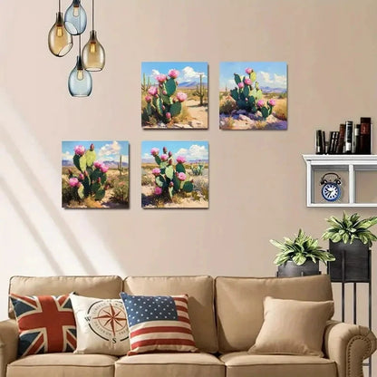 4pcsPink Flowers & Mountain SceneryWall Art Canvas Framed