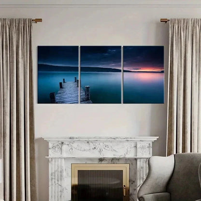 3pcs Sunset Lake & Mountain Pier View  Wall Art Set Canvas Framed 40x60cm - High Quality Print 100% Australian Made Wall Canvas Ready to Hang