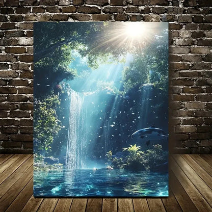 Cyberpunk Shark Waterfall Scene with Sunlight Painting 40x60cm Metal Print Ready to Hang