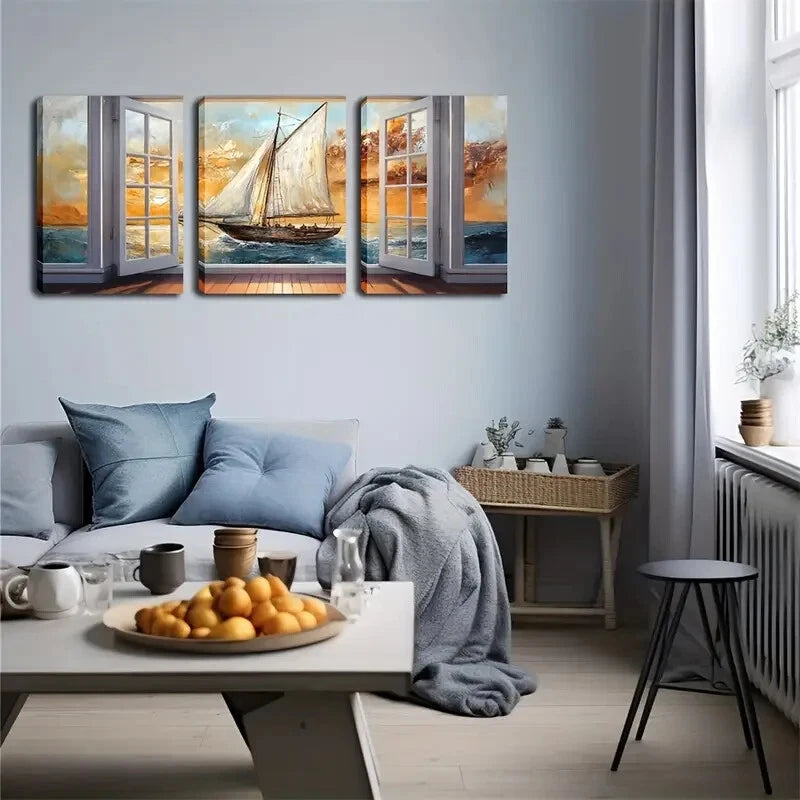 3pcs Coastal Nautical Triptych Ship Perfect Wall Art Set Canvas Framed 40x60cm - High Quality Print 100% Australian Made Wall Canvas Ready to Hang