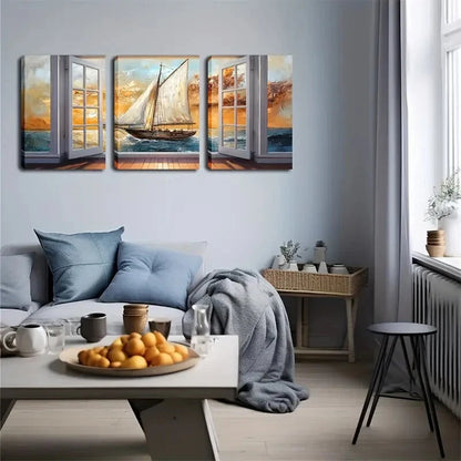 3pcs Coastal Nautical Triptych Ship Perfect Wall Art Set Canvas Framed 40x60cm - High Quality Print 100% Australian Made Wall Canvas Ready to Hang