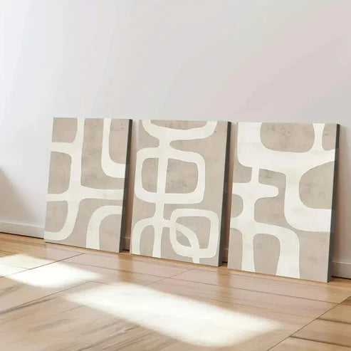 3pcs Abstract Geometric Beige Brown White Line Wall Art Canvas Unframed - High Quality Print 100% Australian Made Wall Canvas