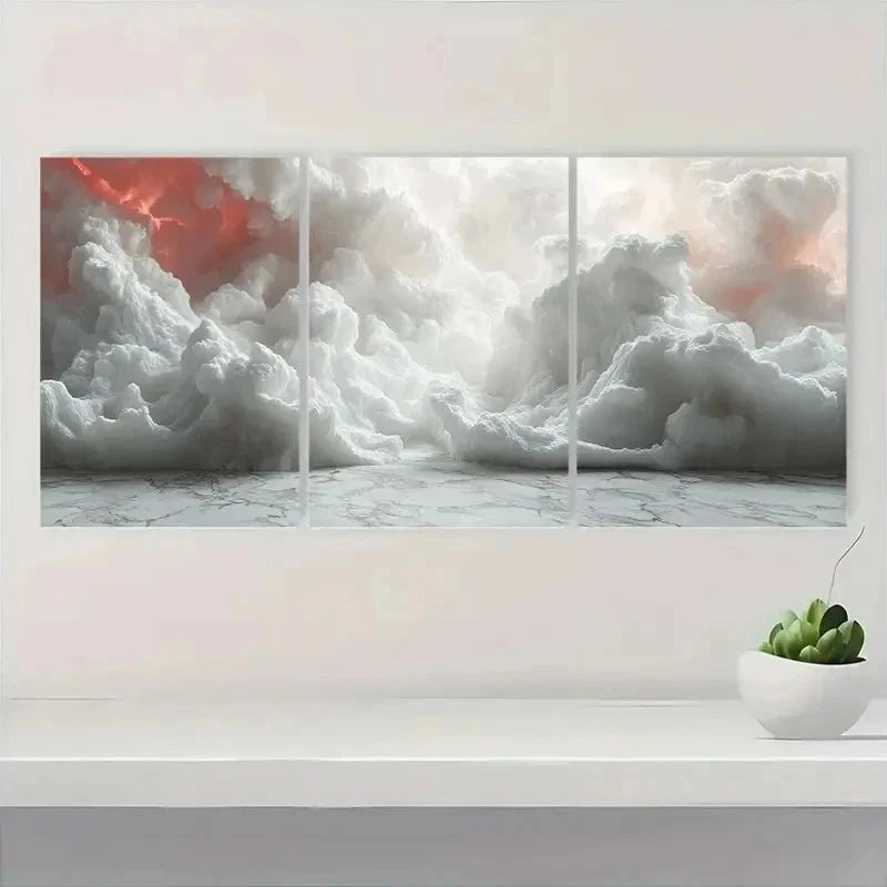 3pcs Abstract Cloud Creamy White & Red Hues d Wall Art Set Canvas Framed 50x70cm - High Quality Print 100% Australian Made Wall Canvas Ready to Hang