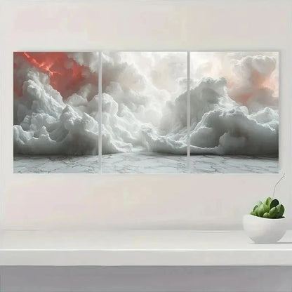 3pcs Abstract Cloud Creamy White & Red Hues d Wall Art Set Canvas Framed 50x70cm - High Quality Print 100% Australian Made Wall Canvas Ready to Hang