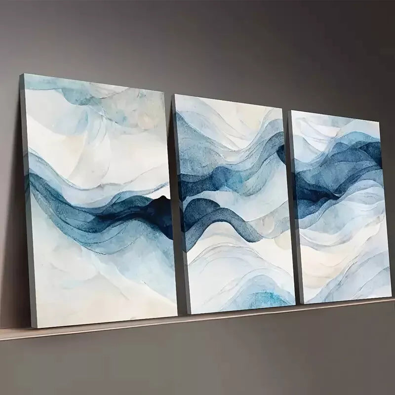 3pcs Light Luxury Style Abstract Geometric Blue  Wall Art Set Canvas Framed 50x70cm - High Quality Print 100% Australian Made Wall Canvas Ready to Hang - Bella Home Decor