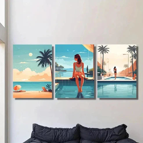 3pcs Summer Beach Background Illustration Wall Art Canvas Unframed - High Quality Print 100% Australian Made Wall Canvas
