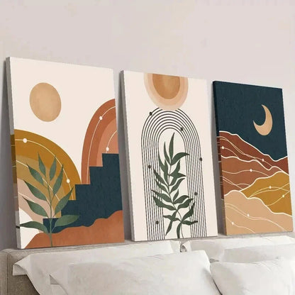 3pcs Abstract Bohemian Sun Moon & Plants Wall Art Set Canvas Framed 40x60cm - High Quality Print 100% Australian Made Wall Canvas Ready to Hang