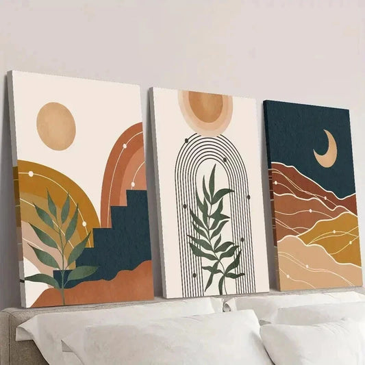 3pcs Abstract Bohemian Sun Moon & Plants Wall Art Set Canvas Framed 40x60cm - High Quality Print 100% Australian Made Wall Canvas Ready to Hang