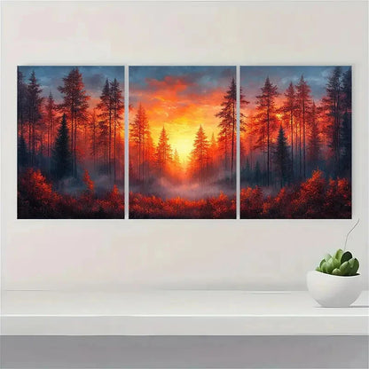3pcs Sunrise Misty Forest Modern Metal Print Ready to Hang Art