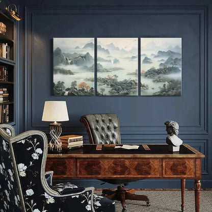 3pcs Serene Chinese Traditional Landscape Metal Print Ready to Hang Art