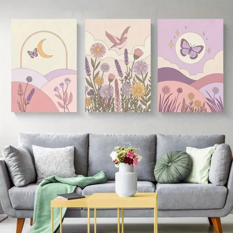 3pcs Moon Sun Mountains Flowers Bird Pastel Colors Metal Print Ready to Hang Art
