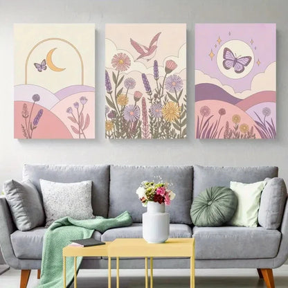3pcs Moon Sun Mountains Flowers Bird Pastel Colors Metal Print Ready to Hang Art