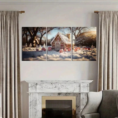 3pcs Christmas Winter Candy House Wall Art Set Canvas Framed 40x60cm - High Quality Print 100% Australian Made Wall Canvas Ready to Hang