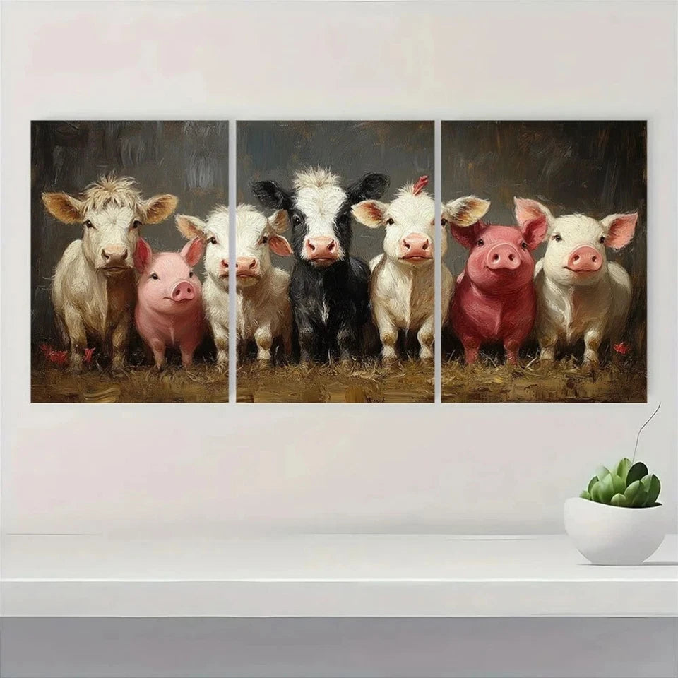 3pcs Highland Cows Donkeys Pigs & Rooster Metal Print Ready to Hang Art