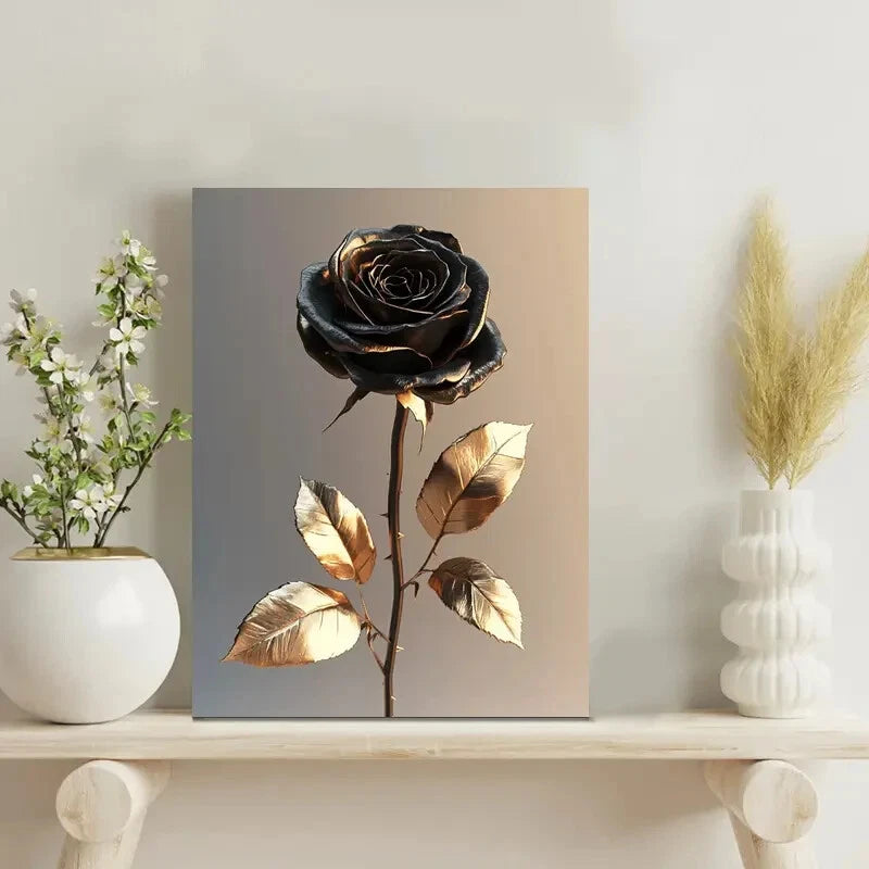 Elegant Black Rose with Golden Leaves Painting 40x60cm Metal Print Ready to Hang