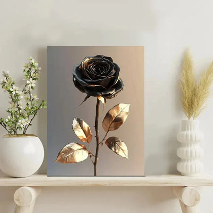 Elegant Black Rose with Golden Leaves Painting 40x60cm Metal Print Ready to Hang