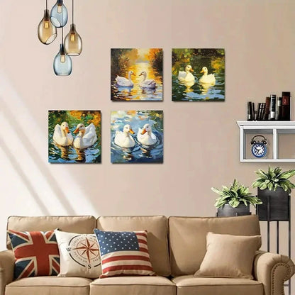 4pcs Charming White Ducks Reflection Wall Art Canvas Framed