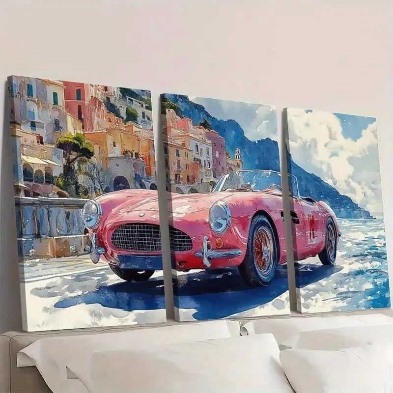 3pcs Retro Pink Italian Car on Coastal Road Wall Art Set Canvas Framed 40x60cm - High Quality Print 100% Australian Made Wall Canvas Ready to Hang