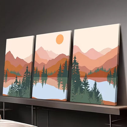 3pcs Abstract Mountains, Lakes, and Trees Wall Art Set Canvas Framed 40x60cm – High Quality Print, 100% Australian Made, Ready to Hang